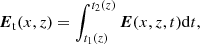 $$ \begin{aligned} {\boldsymbol{E}}_{\rm t}(x,z) = \int _{t_1(z)}^{t_2(z)} {\boldsymbol{E}}(x,z,t) \mathrm{d}t, \end{aligned} $$
