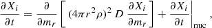 $$ \begin{aligned} \frac{\partial X_i}{\partial t}= \frac{\partial }{\partial m_r} \left[\,(4 \pi r^2 \rho )^2\,D\ \frac{\partial X_i}{\partial m_r}\right] + \frac{\partial X_i}{\partial t}\bigg |_\mathrm{nuc} \ , \end{aligned} $$
