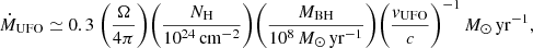 $$ \begin{aligned} \dot{M}_{\rm UFO}\simeq 0.3~ \bigg ( \frac{\Omega }{4\pi } \bigg ) \bigg ( \frac{N_{\rm H}}{10^{24}\,\mathrm{cm}^{-2}} \bigg )\bigg ( \frac{M_{\rm BH}}{10^8\,{M}_\odot \,\mathrm{yr}^{-1}} \bigg )\bigg ( \frac{v_{\rm UFO}}{c} \bigg )^{-1}\,{M}_\odot \,\mathrm{yr}^{-1}, \end{aligned} $$