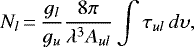 \begin{equation*} N_l\,{=}\,\frac{g_l}{g_u}\frac{8\pi}{\lambda^3A_{ul}}\int{\tau_{ul}\, d\upsilon} ,\end{equation*}