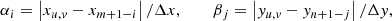 $$ \begin{aligned} {\alpha _i} = \left| {{x_{u, { v}}} - {x_{m + 1 - i}}} \right|/\Delta x,&\,\,\,\,\,\,&{\beta _j} = \left| {{{ y}_{u, { v}}} - {{ y}_{n + 1 - j}}} \right|/\Delta { y}, \end{aligned} $$