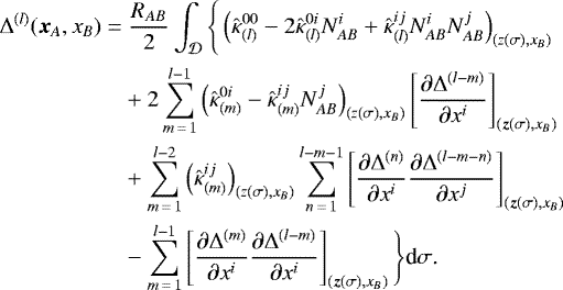 \begin{align*} \Delta^{(l)}(\bm{x}_A,x_B)\;{=}&\;\frac{R_{AB}}{2}\int_{\mathcal D}\Bigg\{\left(\hat{\kappa}^{00}_{(l)}-2\hat{\kappa}^{0i}_{(l)}N^i_{AB}+\hat{\kappa}^{ij}_{(l)}N^i_{AB}N^j_{AB}\right)_{(z(\sigma),x_B)}\nonumber\\ &+2\sum_{m\,{=}\,1}^{l-1}\left(\hat\kappa^{0i}_{(m)}-\hat\kappa^{ij}_{(m)}N_{AB}^j\right)_{(z(\sigma),x_B)}\left[\frac{\partial\Delta^{(l-m)}}{\partial x^i}\right]_{(\bm{z}(\sigma),x_B)}\nonumber\\ &+\sum_{m\,{=}\,1}^{l-2}\left(\hat{\kappa}^{ij}_{(m)}\right)_{(z(\sigma),x_B)}\sum_{n\,{=}\,1}^{l-m-1}\left[\frac{\partial\Delta^{(n)}}{\partial x^i}\frac{\partial\Delta^{(l-m-n)}}{\partial x^j}\right]_{(\bm{z}(\sigma),x_B)}\nonumber\\ &-\sum_{m\,{=}\,1}^{l-1}\left[\frac{\partial\Delta^{(m)}}{\partial x^i}\frac{\partial\Delta^{(l-m)}}{\partial x^i}\right]_{(\bm{z}(\sigma),x_B)}\Bigg\}\textrm{d}\sigma\text{.} \end{align*}
