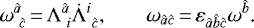 \begin{equation*} \omega^{\hat a}_{\ \hat c}\,{=}\,\Lambda^{\hat a}_{\ i}\dot\Lambda^{i}_{\ \hat c}\text{,} \qquad \omega_{\hat a\hat c}\,{=}\,\varepsilon_{\hat a\hat b\hat c}\omega^{\hat b}\text{.}\end{equation*}