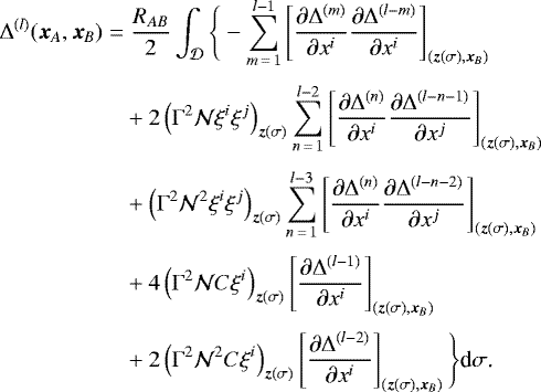 \begin{align*} \Delta^{(l)}(\bm{x}_A,\bm{x}_B)\;{=}&\;\frac{R_{AB}}{2}\int_{\mathcal D}\Bigg\{-\sum_{m\,{=}\,1}^{l-1}\left[\frac{\partial\Delta^{(m)}}{\partial x^i}\frac{\partial\Delta^{(l-m)}}{\partial x^i}\right]_{(\bm{z}(\sigma),\bm{x}_B)}\nonumber\\[3pt] &+2\left(\Gamma^2\mathcal N\xi^i\xi^j\right)_{\bm{z}(\sigma)}\sum_{n\,{=}\,1}^{l-2}\left[\frac{\partial\Delta^{(n)}}{\partial x^i}\frac{\partial\Delta^{(l-n-1)}}{\partial x^j}\right]_{(\bm{z}(\sigma),\bm{x}_B)}\nonumber\\[3pt] &+\left(\Gamma^2\mathcal N^2\xi^i\xi^j\right)_{\bm{z}(\sigma)}\sum_{n\,{=}\,1}^{l-3}\left[\frac{\partial\Delta^{(n)}}{\partial x^i}\frac{\partial\Delta^{(l-n-2)}}{\partial x^j}\right]_{(\bm{z}(\sigma),\bm{x}_B)}\nonumber\\[3pt] &+4\left(\Gamma^2\mathcal NC\xi^i\right)_{\bm{z}(\sigma)}\left[\frac{\partial\Delta^{(l-1)}}{\partial x^i}\right]_{(\bm{z}(\sigma),\bm{x}_B)}\nonumber\\[3pt] &+2\left(\Gamma^2\mathcal N^2C\xi^i\right)_{\bm{z}(\sigma)}\left[\frac{\partial\Delta^{(l-2)}}{\partial x^i}\right]_{(\bm{z}(\sigma),\bm{x}_B)}\Bigg\}\textrm{d}\sigma\text{.} \end{align*}