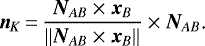 \begin{equation*} \bm n_K\,{=}\,\frac{\bm{N}_{AB}\times\bm{x}_B}{\Vert\bm{N}_{AB}\times\bm{x}_B\Vert}\times\bm{N}_{AB}\text{.}\end{equation*}