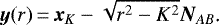 \begin{equation*} \bm{y}(r)\,{=}\,\bm{x}_K-\sqrt{r^2-K^2}\bm{N}_{AB}\text{.}\end{equation*}