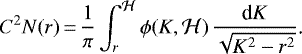 \begin{equation*} C^2N(r)\,{=}\,\frac{1}{\pi}\int_{r}^{\mathcal{H}}\phi(K,\mathcal{H})\,\frac{\textrm{d} K}{\sqrt{K^2-r^2}}\text{.} \end{equation*}