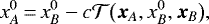 \begin{equation*} x_A^0\,{=}\,x_B^0-c\mathcal{T}\big(\bm{x}_A,x_B^0,\bm{x}_B\big)\text{,} \end{equation*}