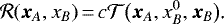 \begin{equation*} \mathcal{R}(\bm{x}_A,x_B)\,{=}\,c\mathcal{T}\big(\bm{x}_A,x_B^0,\bm{x}_B\big)\text{.}\end{equation*}