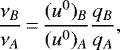 \begin{equation*} \frac{\nu_B}{\nu_A}\,{=}\,\frac{(u^0)_B}{(u^0)_A}\frac{q_B}{q_A}\text{,}\end{equation*}