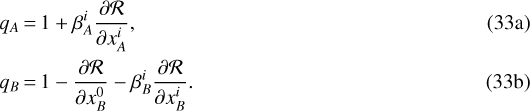 \begin{align} q_A&\,{=}\,1+\beta^i_A\frac{\partial\mathcal{R}}{\partial x_A^i}\text{,}\\ q_B&\,{=}\,1-\frac{\partial\mathcal{R}}{\partial x_B^0}-\beta^i_B\frac{\partial\mathcal{R}}{\partial x_B^i}\text{.}\end{align}