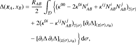 \begin{align*} \Delta(\bm{x}_A,x_B)\;{=}&\;\frac{R_{AB}}{2}\int_{\mathcal D}\bigg\{\big(\kappa^{00}-2\kappa^{0i}N^i_{AB}+\kappa^{ij}N^i_{AB}N^j_{AB}\big)_{\tilde z(\sigma)}\nonumber\\ &+2\big(\kappa^{0i}-\kappa^{ij}N_{AB}^j\big)_{\tilde z(\sigma)}\left[\partial_i\Delta\right]_{(\bm{z}(\sigma),x_B)}\bigg.\nonumber\\ &-\left[\partial_i\Delta\,\partial_i\Delta\right]_{(\bm{z}(\sigma),x_B)}\bigg\}\,\textrm{d}\sigma\text{,}\end{align*}
