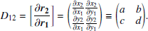 $$ \begin{aligned} \displaystyle D_{12}=\bigg [\frac{\partial \boldsymbol{r_2}}{\partial \boldsymbol{r_1}}\bigg ]=\Bigg ( \begin{matrix} \frac{\partial x_2}{\partial x_1} \frac{\partial x_2}{\partial { y}_1}\\ \frac{\partial { y}_2}{\partial x_1} \frac{\partial { y}_2}{\partial { y}_1} \end{matrix} \Bigg ) \equiv \Bigg ( \begin{matrix} a&b\\ c&d \end{matrix} \Bigg ). \end{aligned} $$