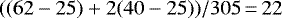 ${\left((62-25)+2(40-25)\right)}/{305}\,{=}\,22$