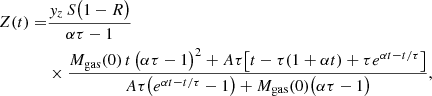 $$ \begin{aligned} Z(t) = &\frac{{ y}_z \, S\big (1-R \big )}{\alpha \tau -1}\nonumber \\&\times \frac{M_{\rm gas}(0) \, t \, \big (\alpha \tau - 1 \big )^2+ A \tau \big [t - \tau (1 + \alpha t) + \tau e^{\alpha t -t/\tau } \big ]}{A \tau \big (e^{\alpha t -t/\tau } -1\big ) + M_{\rm gas}(0)\big (\alpha \tau -1\big )}, \end{aligned} $$