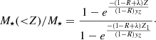$$ \begin{aligned} M_{\star }({ < }Z)/M_{\star } = \frac{1 - e^{ \frac{-(1-R+\lambda )Z}{(1-R){ y}_z}}}{1 - e^{ \frac{-(1-R+\lambda )Z_1}{(1-R){ y}_z}}}\cdot \end{aligned} $$