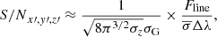 $$ \begin{aligned} {S/N}_{x\prime ,{ y}\prime ,z\prime } \approx \frac{1}{\sqrt{8\pi ^{3/2} \sigma _z} \sigma _{\rm G}} \times \frac{F_{\rm line}}{\overline{\sigma } \Delta \lambda }, \end{aligned} $$