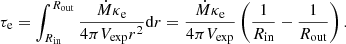 $$ \begin{aligned} \tau _{\rm e} = \int _{R_{\rm in}}^{R_{\rm out}} \frac{\dot{M} \kappa _{\rm e}}{4 \pi V_{\rm exp} r^2 }\mathrm{d}r = \frac{\dot{M} \kappa _{\rm e}}{4 \pi V_{\rm exp}} \left(\frac{1}{R_{\rm in}}-\frac{1}{R_{\rm out}}\right) . \end{aligned} $$