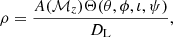 $$ \begin{aligned} \rho =\frac{A(\mathcal{M} _z)\Theta (\theta , \phi , \iota , \psi )}{D_{\rm L}}, \end{aligned} $$