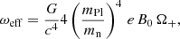 $$ \begin{aligned}&\omega _{\rm eff} = \frac{G}{c^4}4\left(\frac{m_{\rm Pl}}{m_{\rm n}}\right)^4\,e\,B_0\,\Omega _+, \end{aligned} $$