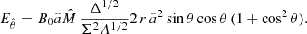 $$ \begin{aligned}&E_{\hat{\theta }} = B_0 \hat{a} \hat{M}\,\frac{\Delta ^{1/2}}{\Sigma ^2 A^{1/2}} 2\,r\,\hat{a}^2 \sin \theta \cos \theta \,(1+\cos ^2\theta ). \end{aligned} $$