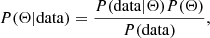 $$ \begin{aligned} P(\Theta | \mathrm{data}) = \frac{P(\mathrm{data} | \Theta ) P(\Theta )}{P(\mathrm{data})} , \end{aligned} $$
