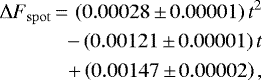 \begin{equation*}\begin{split} \Delta F_{\mathrm{spot}}\,{=}\,\left(0.00028\,{\pm}\,0.00001\right)t^2 & \\ \qquad- \left(0.00121\,{\pm}\,0.00001\right)t & \\ \qquad \ + \left(0.00147\,{\pm}\,0.00002\right), \end{split} \end{equation*}