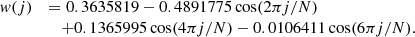 $$ \begin{aligned} \begin{array}{ll} { w}(j)&= 0.3635819 - 0.4891775 \cos (2 \pi j / N) \\&\quad + 0.1365995 \cos (4 \pi j / N) - 0.0106411 \cos (6 \pi j / N). \end{array} \end{aligned} $$