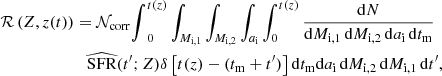 $$ \begin{aligned} \mathcal{R} \left(Z,z(t)\right)&= \mathcal N_\mathrm {corr}\mathcal \int _0^{t(z)} \int _{M_{\rm i,1}} \int _{M_{\rm i,2}} \int _{a_{\rm i}} \int _0^{t(z)} \dfrac{\mathrm{d}N}{\mathrm{d}M_{\rm i,1} \, \mathrm{d}M_{\rm i,2} \, \mathrm{d}a_{\rm i} \, \mathrm{d}t_{\rm m}}\nonumber \\&\quad \widehat{\mathrm{SFR}} (t^{\prime };Z) \delta \left[ t(z) - (t_{\rm m} + t^\prime ) \right] \mathrm{d}t_{\rm m} \mathrm{d}a_{\rm i} \, \mathrm{d}M_{\rm i,2} \, \mathrm{d}M_{\rm i,1} \, \mathrm{d}t^\prime , \end{aligned} $$