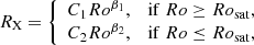 $$ \begin{aligned} R_\mathrm{X} = \left\{ \begin{array}{ll} C_1 Ro^{\beta _1},&\mathrm{if}\ Ro \ge Ro_\mathrm{sat} ,\\ C_2 Ro^{\beta _2},&\mathrm{if}\ Ro \le Ro_\mathrm{sat} ,\\ \end{array} \right. \end{aligned} $$