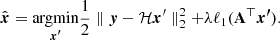 $$ \begin{aligned} \hat{\boldsymbol{x}} = \underset{\boldsymbol{x^\prime }}{\rm argmin} \frac{1}{2} \parallel\boldsymbol{y} - {\mathcal{H} \boldsymbol{x}^{\prime }}\parallel^{2}_{2} + \lambda \ell _{1}(\mathbf A ^{\top }\boldsymbol{x^\prime }). \end{aligned} $$