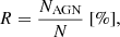 $$ \begin{aligned} R = \frac{N_\mathrm{AGN} }{N}~[\%], \end{aligned} $$