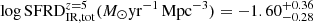 $ \log \mathrm{SFRD}^{z=5}_{\mathrm{IR,tot}} (M_{\odot}\mathrm{yr}^{-1}\,\mathrm{Mpc}^{-3}) = -1.60^{+0.36}_{-0.28} $