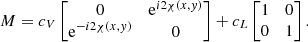 $$ \begin{aligned} {M} = c_V \begin{bmatrix} 0&\mathrm{e}^{i2\chi (x,{ y})} \\ \mathrm{e}^{-i2\chi (x,{ y})}&0 \end{bmatrix} + c_L \begin{bmatrix} 1&0 \\ 0&1 \end{bmatrix}. \end{aligned} $$
