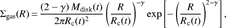 \begin{equation*}\Sigma_{\textrm{gas}}(R)\,{=}\,\frac{\left(2-\gamma\right)\mdisk(t)}{2\pi\rc(t)^2} \left(\frac{R}{\rc(t)} \right)^{-\gamma} \exp\left[ -\left(\frac{R}{\rc(t)}\right)^{2-\gamma}\right], \end{equation*}