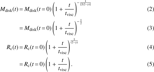 \begin{align*}\mdisk(t) &\,{=}\, \mdisk(t\,{=}\,0) \left(1 &#x002B; \frac{t}{\tvisc} \right)^{-\frac{1}{[2(2-\gamma)]}}\\ &\,{=}\, \mdisk(t\,{=}\,0) \left(1 &#x002B; \frac{t}{\tvisc} \right)^{-\frac{1}{2}}\\ \rc(t) &\,{=}\, \rc(t\,{=}\,0) \left(1 &#x002B; \frac{t}{\tvisc} \right)^{\frac{1}{(2-\gamma)}}\\ &\,{=}\, \rc(t\,{=}\,0) \left(1 &#x002B; \frac{t}{\tvisc} \right). \end{align*}
