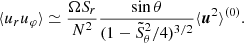 $$ \begin{aligned} \langle u_{r} u_\varphi \rangle \simeq \frac{\Omega S_{r}}{N^2}\frac{\sin \theta }{(1-\tilde{S}_\theta ^2/4)^{3/2}}\langle {{\boldsymbol{u}}^2\rangle ^{(0)}}. \end{aligned} $$