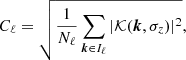 $$ \begin{aligned} C_\ell = \sqrt{\frac{1}{N_\ell } \sum _{{\boldsymbol{k}}\in I_\ell } |\mathcal{K} ({\boldsymbol{k}},\sigma _z)|^2}, \end{aligned} $$