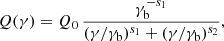 $$ \begin{aligned} Q(\gamma ) = Q_0\,\frac{\gamma _{\rm b}^{-s_1}}{(\gamma /\gamma _{\rm b})^{s_1} + (\gamma /\gamma _{\rm b})^{s_2}}, \end{aligned} $$