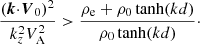 $$ \begin{aligned} \frac{({\boldsymbol{k}}{\cdot }{\boldsymbol{V}_0})^2 }{k^2_z V^2_{\rm A}}>\frac{\rho _{\rm e}+\rho _0\tanh (kd)}{\rho _0\tanh (kd)}\cdot \end{aligned} $$