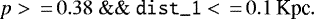 \begin{equation*} p >\,{=}\, {0.38} \rm{\ \&\&\ } \texttt{dist\_1} <\,{=}\, 0.1\,\textrm{Kpc}. \end{equation*}