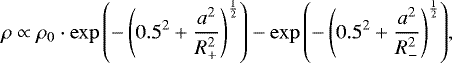 \begin{equation*} \rho \propto \rho_0\cdot\exp{\left(-\left(0.5^2&#x002B;\frac{a^2}{R_{&#x002B;}^2}\right)^{\frac{1}{2}}\right)}- \exp{\left(-\left(0.5^2&#x002B;\frac{a^2}{R_{-}^2}\right)^{\frac{1}{2}}\right)},\end{equation*}