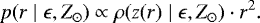 \begin{equation*} p(r \mid \epsilon,Z_{\odot}) \propto \rho(z(r) \mid \epsilon,Z_{\odot})\cdot r^2.\end{equation*}