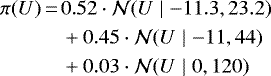 \begin{align*} \begin{split} \pi(U)\,{=}\,& 0.52\cdot\mathcal{N}(U\mid -11.3,23.2)\\ &&#x002B; 0.45\cdot\mathcal{N}(U\mid -11,44)\\ &&#x002B; 0.03\cdot\mathcal{N}(U\mid 0,120)\end{split} \end{align*}