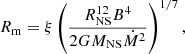 $$ \begin{aligned} R_{\rm m} = \xi \left(\frac{R_{\mathrm{NS} }^{12}B^4}{2GM_{\mathrm{NS} }\dot{M}^2}\right)^{1/7}, \end{aligned} $$