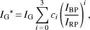 \begin{equation*}{I_{\textrm{G}}}^*\,{=}\,{I_{\textrm{G}}} \sum_{i\,{=}\,0}^{3} c_i \left(\frac{{I_{\textrm{BP}}}}{{I_{\textrm{RP}}}}\right)^i, \end{equation*}