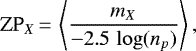\begin{equation*}\textrm{ZP}_{X}\,{=}\,\left< \frac{m_X}{ -2.5 \, \log (n_p)} \right>, \end{equation*}