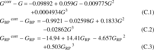 \begin{eqnarray}\hspace*{-3pt}&&G^{\textrm{corr}}-G \,{=}\, {-}0.09892+0.059G-0.009775G^2\nonumber\\ &&\qquad\qquad\quad +0.0004934G^3\\ \hspace*{-3pt}&&{G_{\textrm{BP}}}^{\textrm{corr}}-{G_{\textrm{BP}}} \,{=}\, {-}0.9921-0.02598G+0.1833G^2\nonumber\\ &&\qquad\qquad\quad\quad\quad-0.02862G^3\\ \hspace*{-3pt}&&{G_{\textrm{RP}}}^{\textrm{corr}}-{G_{\textrm{RP}}}\,{=}\, {-}14.94+14.41{G_{\textrm{RP}}}-4.657{G_{\textrm{RP}}}^2\nonumber\\ &&\qquad\qquad\quad\quad\quad +0.503{G_{\textrm{RP}}}^3\end{eqnarray}