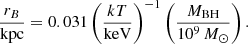 $$ \begin{aligned} \frac{r_{B}}{\mathrm{kpc} }= 0.031\left(\frac{kT}{\mathrm{keV} }\right)^{-1}\left(\frac{M_{\mathrm{BH} }}{10^{9}\,M_{\odot }}\right). \end{aligned} $$