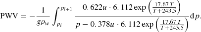 $$ \begin{aligned} \mathrm{PWV} = -\frac{1}{g \rho _{w}}\int _{p_{i}}^{p_{i+1}} \frac{0.622u \cdot 6.112 \exp \left(\frac{17.67\,T}{T+243.5}\right)}{p-0.378u\cdot 6.112 \exp \left(\frac{17.67\,T}{T+243.5}\right)} \mathrm{d}p. \end{aligned} $$